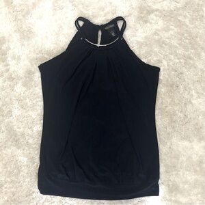 WHBM navy blue blouson sleeveless halter blouse silver metal detail neck size S